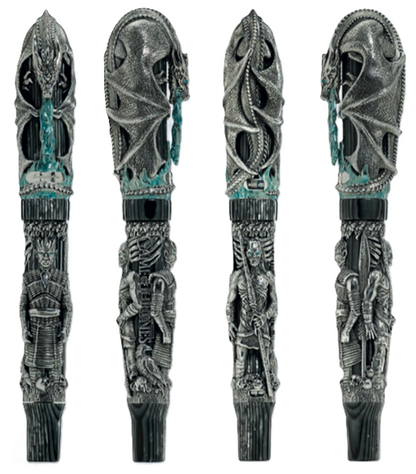 Montegrappa Winter is Here fountain pen, view from all sides showing ice-blue Apatite gems