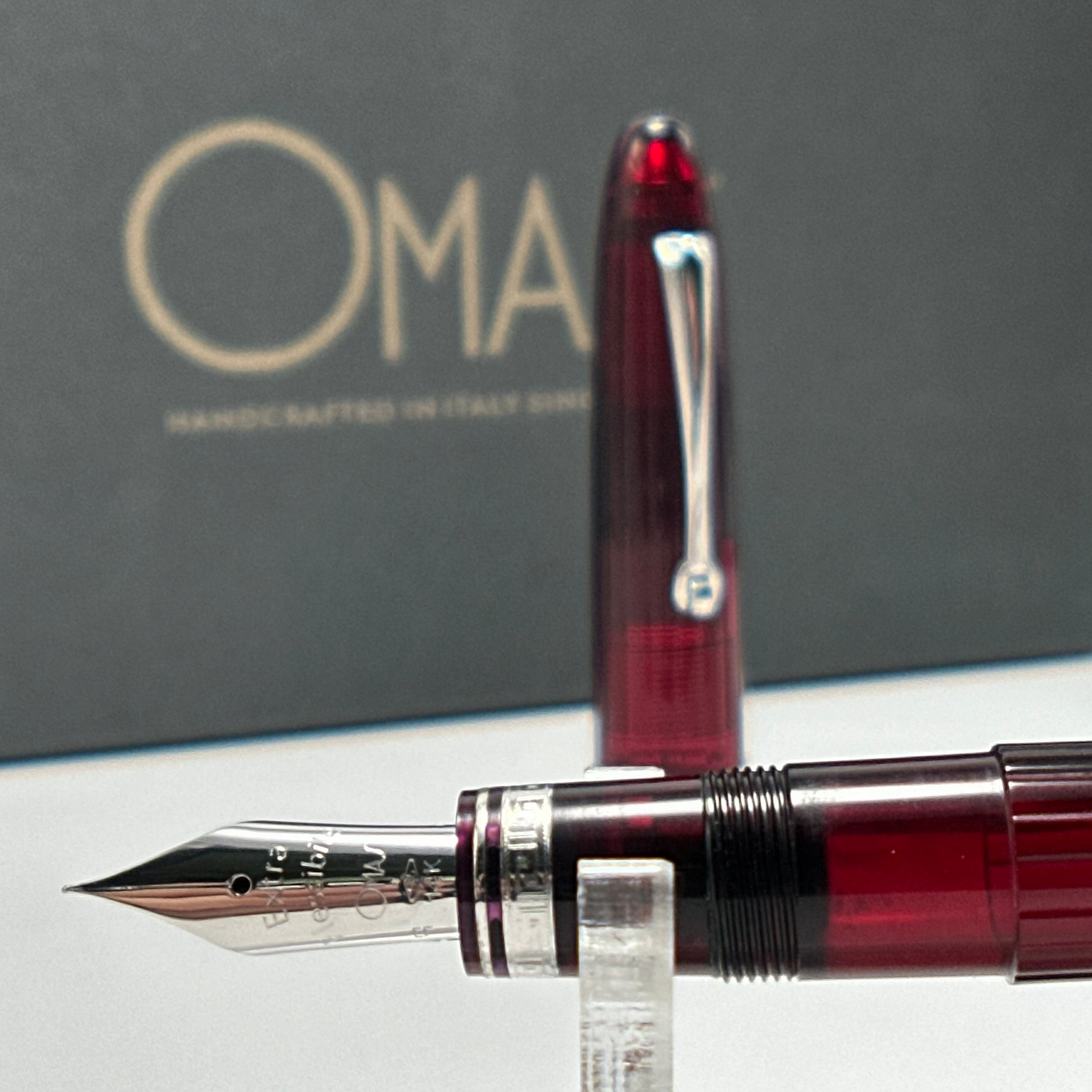 Close-up of the 14K gold nib on the Omas Cocktail Bloody Mary pen